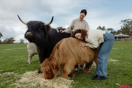 Two women cuddle Highland cattle