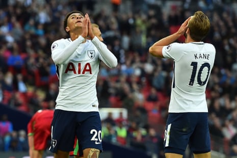 Tottenham Hotspur’s Dele Alli, left, and Harry Kane react to a missed chance.