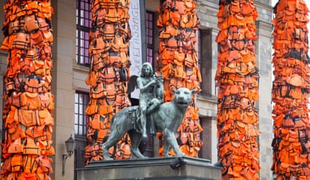 Worn by refugees … some of the 14,000 lifejackets that cloaked Berlin’s Konzerthaus.