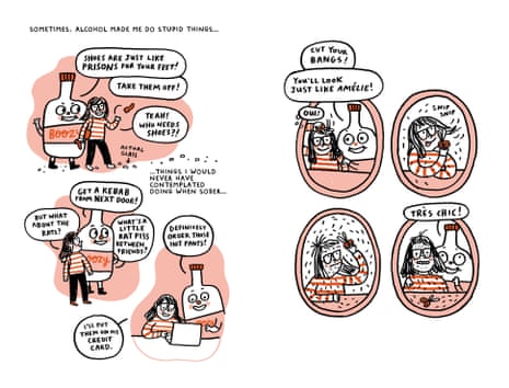 An illustration entitled ‘sometimes alcohol made me do stupid things’ - and pictures of her cutting her fringe