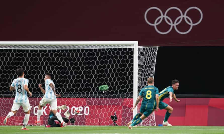Australian Lachlan Wales celebrates by scoring first goal against Argentina at Tokyo Olympics