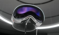 The Apple Vision Pro headset is displayed in a showroom on the Apple campus after it's unveiling on 5 June 2023.