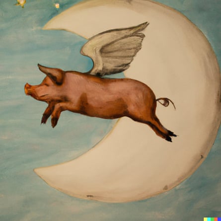 AI art created by Dall-E as a result of inputting ‘a pig with wings flying over the moon, painted by Antoine de Saint-Exupéry’.