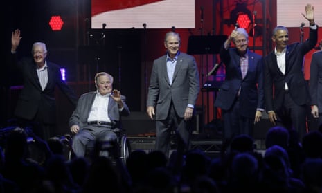 George HW Bush with Barack Obama, George W Bush, Jimmy Carter and Bill Clinton in College Station, Texas on Saturday.