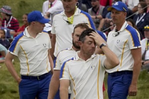 Team Europe’s Rory McIlroy reacts with misery.