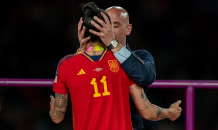 Jenni Hermoso is kissed by Luis Rubiales after Spain’s World Cup final win