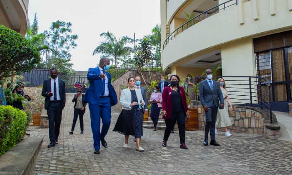 Home secretary Priti Patel and Kigali mayor Pudence Rubingisa (left) visit Hope House, the hostel allocated to refugees arriving from the UK.