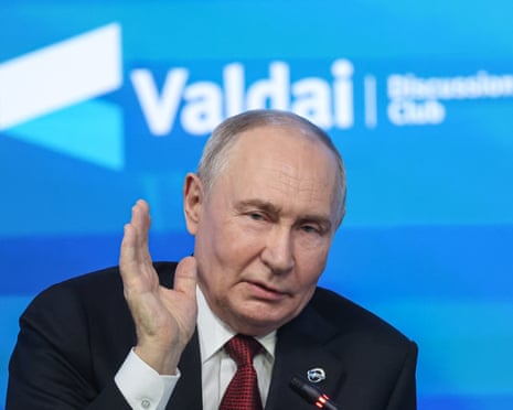 Russian president Vladimir Putin attends a plenary session of the 23d annual meeting of the Valdai Discussion Club in Moscow, Russia.