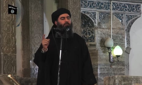 Abu Bakr al-Baghdadi addresses Muslim worshippers at a mosque in the Iraqi city of Mosul in 2014.