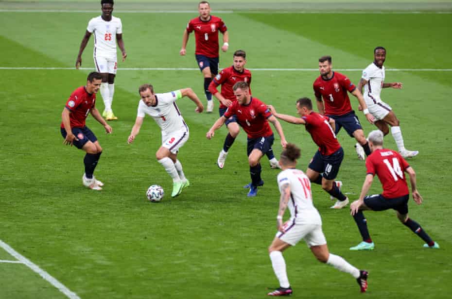 Harry Kane of England attacks the Czech Republic penalty area.