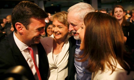 Labour leadership candidates Andy Burnham, Yvette Cooper and Liz Kendall congratulate winner Jeremy Corbyn in 2015.