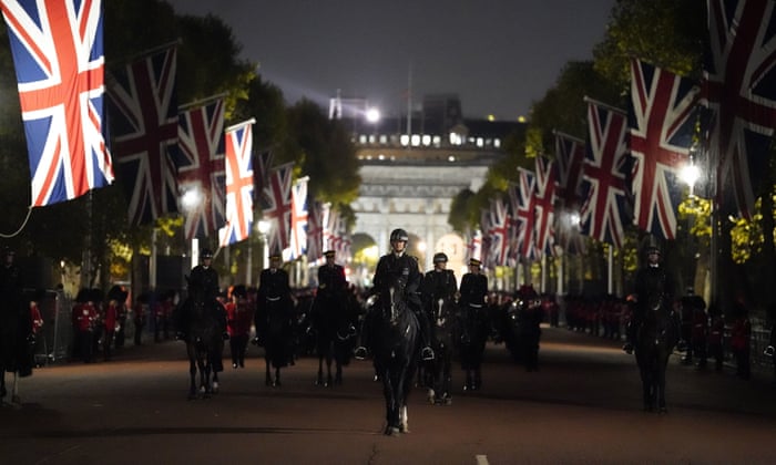 An early morning rehearsal for the funeral of Queen Elizabeth II in London, ahead of her funeral on Monday.