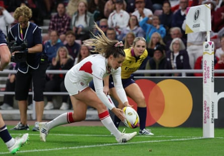 Jess Breach scores England’s ninth try during their Women’s Rugby World Cup opener at the Stadium of Light.