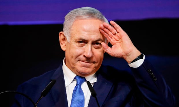 Benjamin Netanyahu addresses supporters at his Likud party headquarters in Tel Aviv.