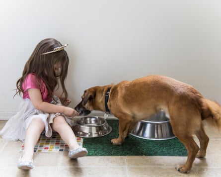 A young girl feeding a dog on the floor