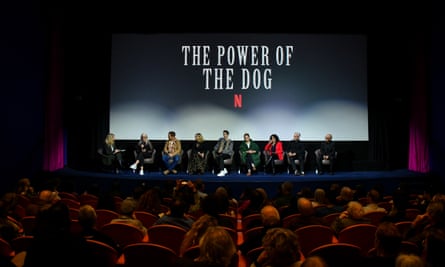 Edith Bowman, Director Jane Campion, Benedict Cumberbatch, Kirsten Dunst, Kodi Smit-McPhee, Ari Wegner, Tanya Seghatchian, Iain Canning and Roger Frappier attend the awards screening for The Power of the Dog.