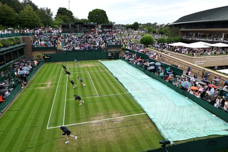 Ground staff pull out the rain covers as play is suspended 