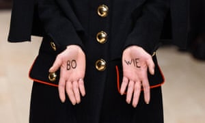 A model with ‘Bowie’ on her hands during the Burberry show on the final day of the autumn/witner 2016 London Collections Men.