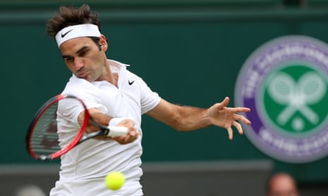 Roger Federer in action on Centre Court during Wimbledon 2016