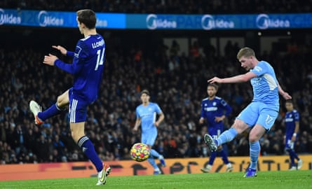 De Bruyne smashes his second goal and City’s fifth against Leeds to complete the rout.