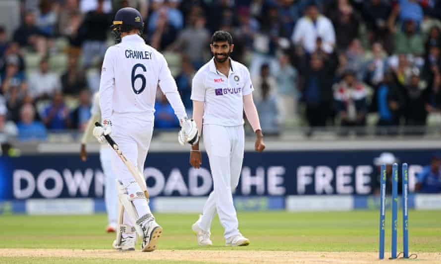 Joe Root and Jonny Bairstow have England dreaming of record run-chase | England v India 2021 3 Jasprit Bumrah of India celebrates taking the wicket of Zak Crawley.