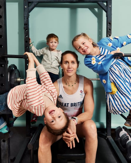 Helen Glover with Logan, five, and twins Willow, and Kit, four.