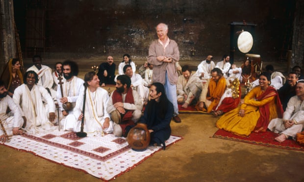 Peter Brook in 1985 on stage at the Bouffes du Nord theatre in Paris, directing a rehearsal of The Mahabharata, his stage adaption with Jean-Claude Carrière of the classic Indian epic poem.