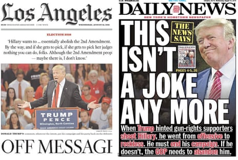 Front pages from Los Angeles and New York, from one day in the 2016 presidential campaign.