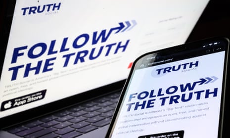 A laptop and mobile phone both show the holding screen for Truth Social which says "Follow the truth" in large print.