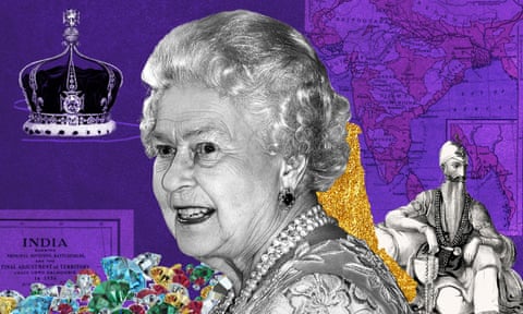 Montage of Queen Elizabeth II in pearls with a drawing of a maharajah and the Koh-i-noor diamond in the queen mother's crown