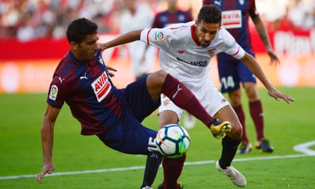Former Manchester City winger Jesús Navas, right, in action for Sevilla during their 3-0 victory over Eibar on Saturday