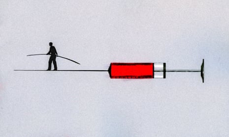 Man walking tightrope on syringe needle.