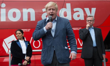 Boris Johnson speaking at a rally with Priti Patel and Michael Gove