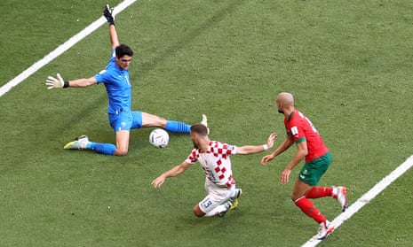 Nikola Vlasic is denied by the goalkeeper Bono during the first half of Croatia’s 0-0 draw with Morocco