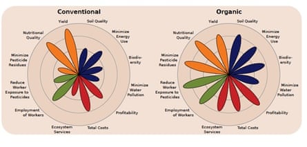 The flower petals and the labels represent different sustainability metrics that compare organic farming with conventional farming. They illustrate that organic systems can better balance the four areas of sustainability: production (orange), environment (blue), economics (red) and social wellbeing (green).