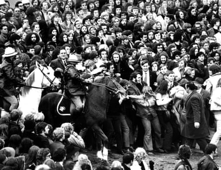 Mounted police clash with protestors among the crowd outside Olympic Park in Melbourne, 3 July, 1971.