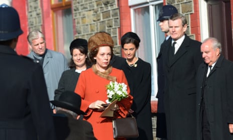 Olivia Colman as the Queen in the Netflix series The Crown filming a scene from the Aberfan disaster in south Wales.