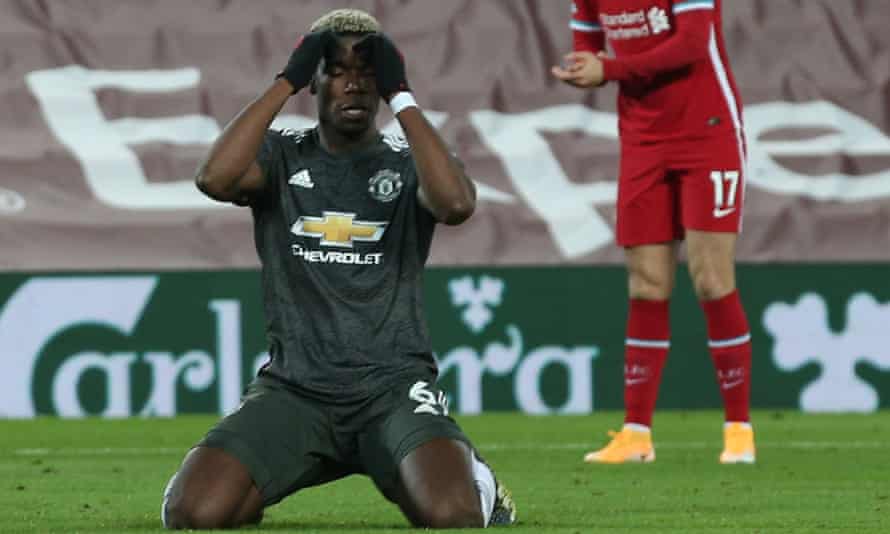 Paul Pogba vents frustration after missing a second-half chance.