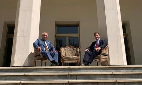 The Russian ambassador, Levan Dzhagaryan, poses with the UK’s Simon Shercliff on the embassy porch