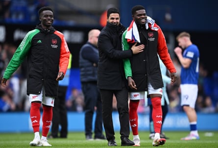 Bukayo Saka, Mikel Arteta and Thomas Partey after Arsenal’s victory against Ipswich