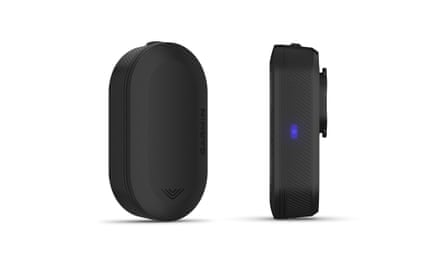 The black Garmin Varia RVR315 rearview radar seen from the front and next to it, seen from the side to show its small blue light