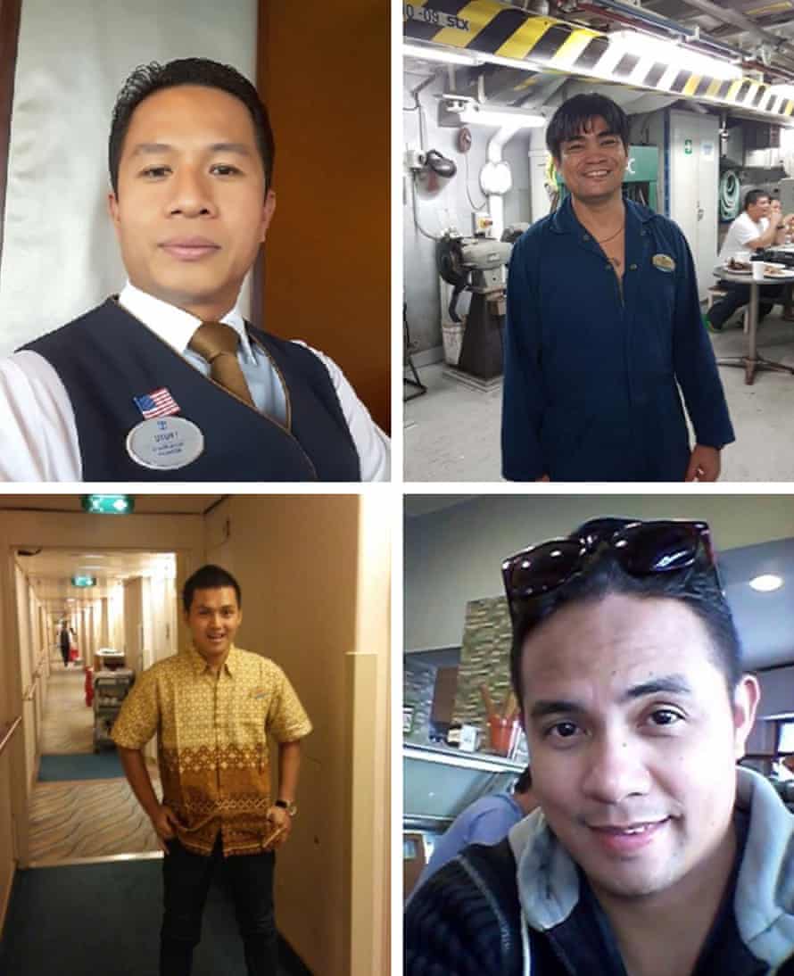 Iputu Sugiartha (top left), an Indonesian waiter on the Oasis of the Seas, died ashore at a hospital in Fort Lauderdale on 20 April 2020. Carlos Baluran (top right), an incinerator room worker on the Oasis, died on 3 May 2020 in a hospital in Broward County. Royal Caribbean bar waiter Dexter Joyosa (bottom right), from the Philippines, died in a hospital in Fort Lauderdale on 18 April. Indonesian crew member Puyol Puuyy Yool (bottom left), housekeeper on the Symphony of the Seas, died at a hospital in Broward County. He was just 27 years of age.
