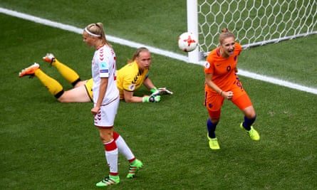 Vivianne Miedema celebrates scoring against Denmark in the final of Euro 2017. The Netherlands won the game, at the Twente Stadion, 4-2