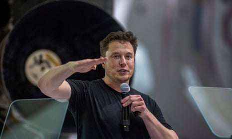 Elon Musk speaks near a Falcon 9 rocket in September 2018. ‘We think you can come back but we’re not sure.’