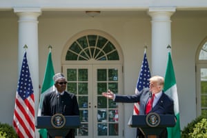 Donald Trump with the Nigerian president, Muhammadu Buhari, in the rose garden.