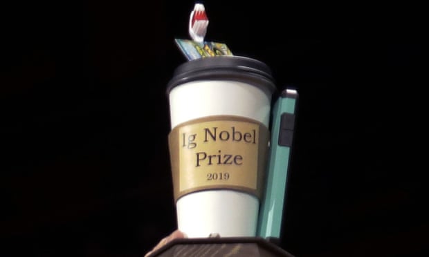 The 2019 Ig Nobel award is displayed at the 29th annual Ig Nobel awards ceremony at Harvard University in Cambridge, Massachusetts.