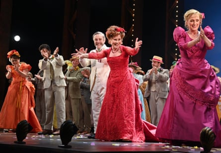 Imelda Staunton, centre, takes a curtain call for Hello, Dolly! at the Palladium in London with, from left, Tyrone Huntley, Andy Nyman and Jenna Russell.