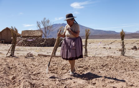 A Bolivian woman attempts to till drought-ridden earth in Utama