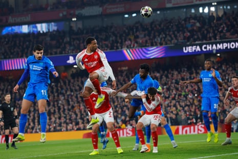 Gabriel of Arsenal heads over the bar.