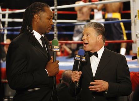 Jim Lampley, right, broadcasts with Lennox Lewis for HBO before a 2007 fight in Memphis.